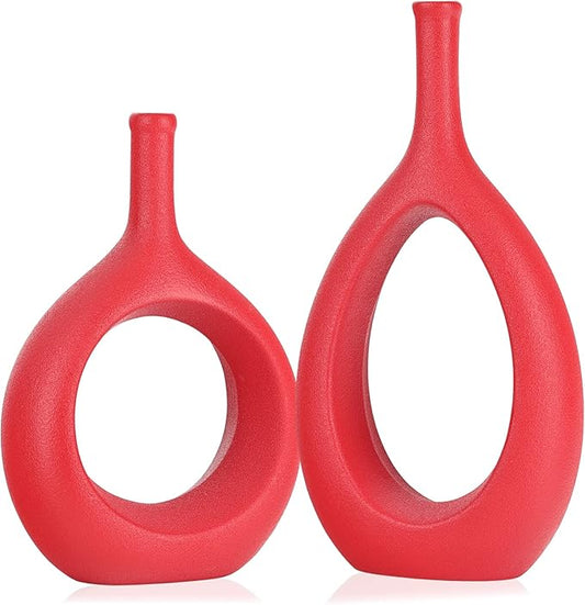 Red Ceramic Hollow Elliptical Vase Set of 2 - Boho Circle Vase with Hole, for Modern Red Table Decor, Living Room Decor Shelf mid Century Modern Home Entrance Decorative vase