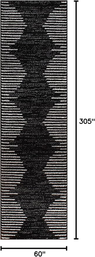 Rugshop Bohemian Stripe Stain Resistant High Traffic Living Room Kitchen Bedroom Dining Home Office Runner Rug 2' x 10' Black