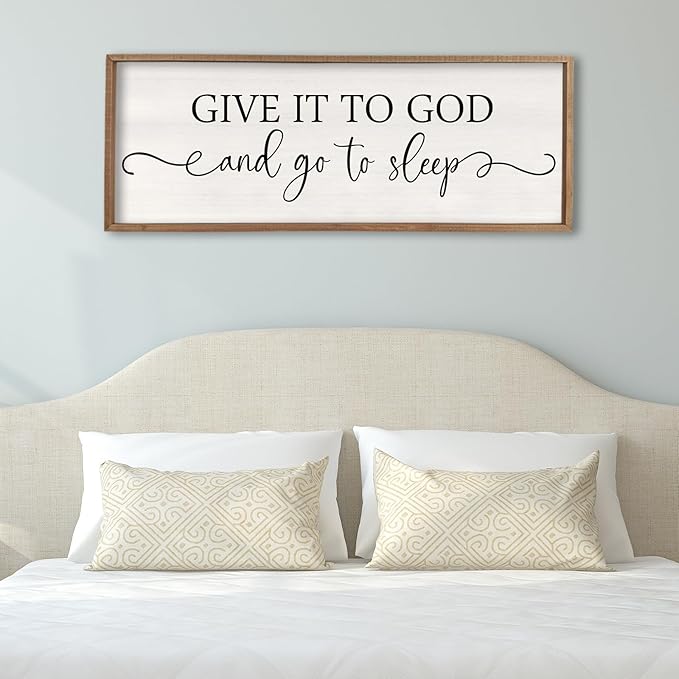 Surfapans Give It To God And Go To Sleep Sign Wall Decor Above Bed 40"x15" Master Bedroom Guest Room Over Bed Wood Rustic Framed Wall Art (Wood)