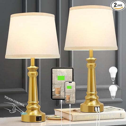 Touch Lamps for Nightstand Set of 2 - Gold Table Lamp for Bedroom 3 Way Dimmable Bedside Lamps with USB C+A Ports - Lamps for Night Stands Living Room End Table,2 LED Bulbs Included