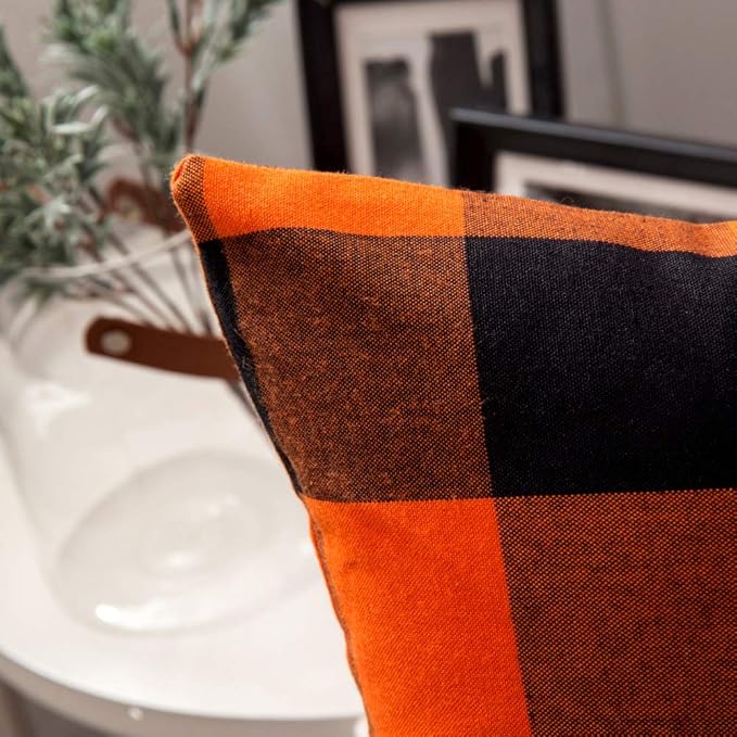 MIULEE Fall Throw Pillow Covers Halloween Pack of 2 Buffalo Check Farmhouse Checker Plaids Accent Polyester Linen Outdoor Cushion Case for Sofa Couch Orange and Black 20 x 20 Inch 50 x 50 Cm