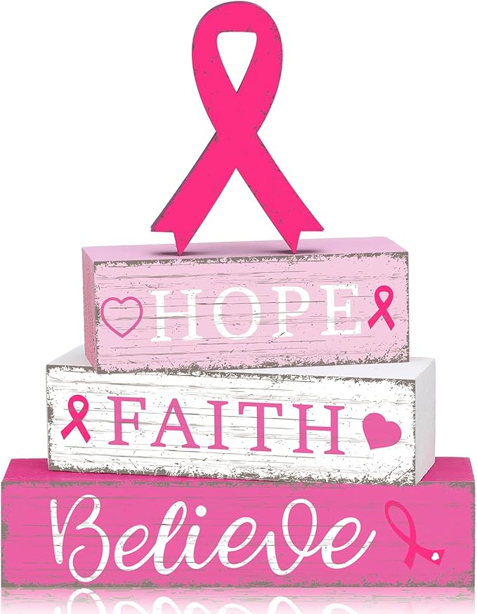 Geelin 4 Pcs Breast Cancer Awareness Wooden Table Centerpiece Decorations Blocks Tiered Tray Decor Fight Cancer Theme Pink Ribbon Table Top Sign for Home