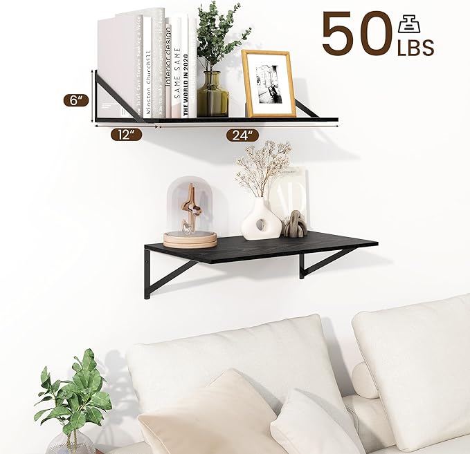 Fun Memories Floating Shelves for Wall, 12 Inch Deep Floating Shelves Set of 2, 24W x 12D Large Wall Shelf with Sturdy Metal Brackets for Living Room, Bathroom, Bedroom and Kitchen, Black