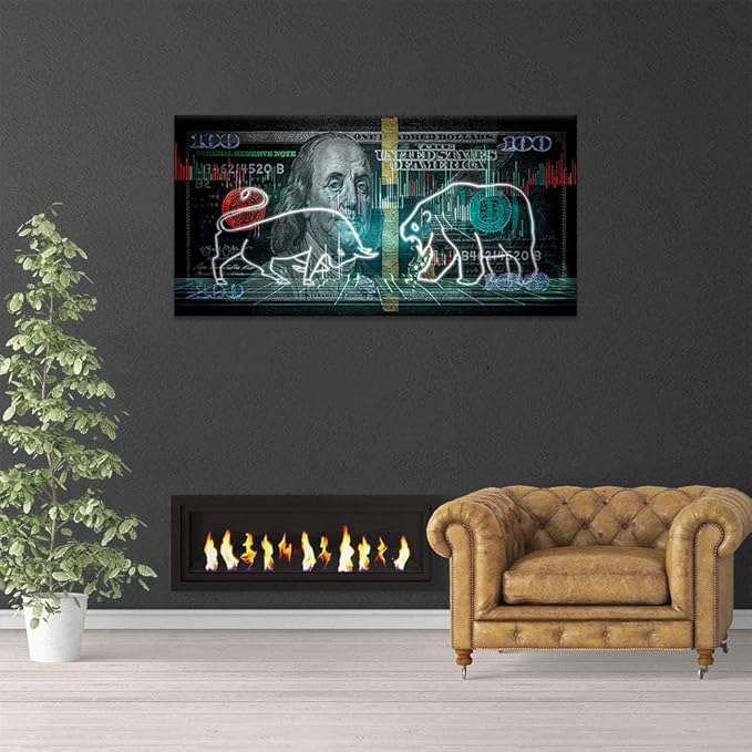 Large Size Stock Market Bull VS Bear Artwork Paintings Motivational 100 Dollar Money Benjamin Franklin Canvas Wall Art Stretched and Framed Ready to Hang-48x24 inches