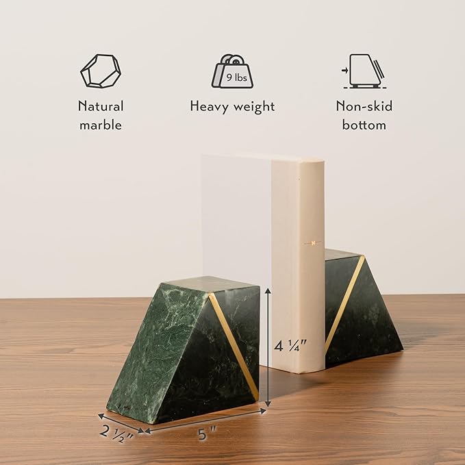 Cork & Mill Marble Bookends, Heavy Book Ends for Shelves, Handcrafted Solid Marble Bookshelf Decor, Decorative Green Book Stoppers with Gold Brass Accent, Non-Skid Bottom, Set of 2