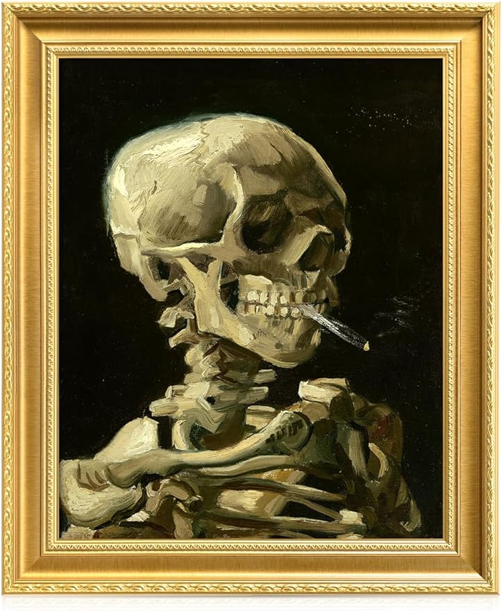DECORARTS - Head of a Skeleton with a Burning Cigarette by Vincent Van Gogh. Giclee Print on Acid-Free Canvas in Gold Solid Wood Frame. Picture Size: 16x20, Total Size: 24.75x20.75, Made in USA