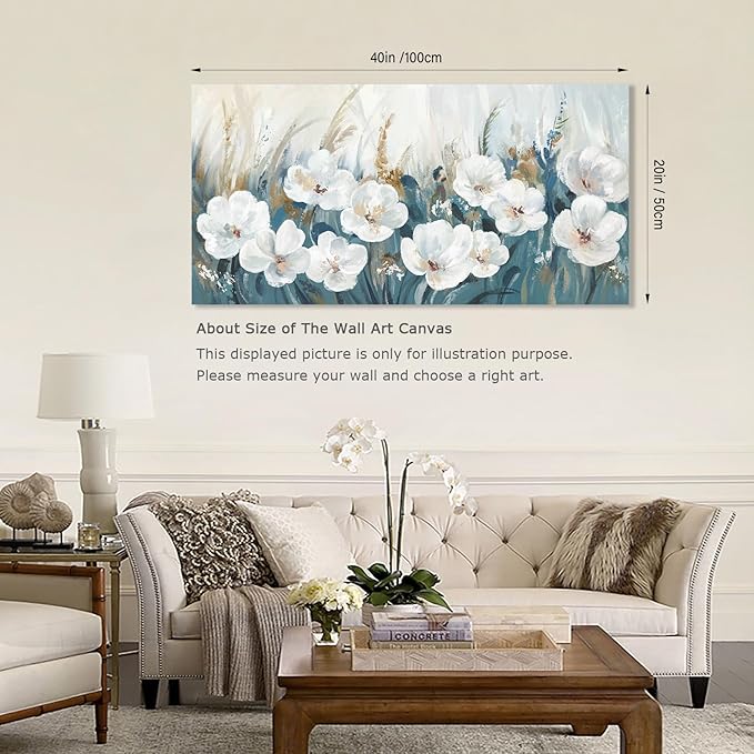 NINEASO Flowers Canvas Wall Art - White Flowers Pictures Abstract Floral Wall Decor Navy Blue Reed Botanical Painting Print Artwork for Living Room Bedroom Home Office Decorations 20" x 40"