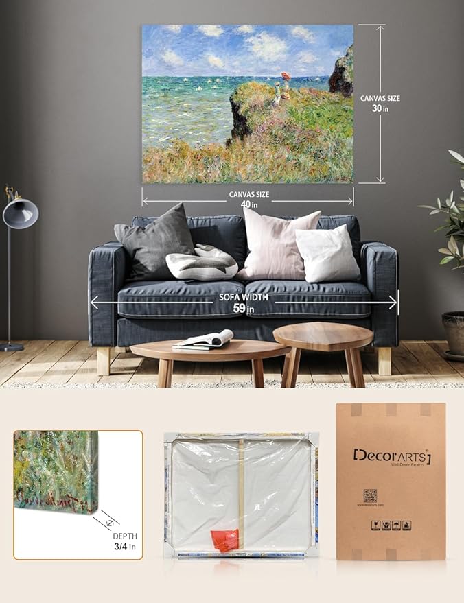 DECORARTS - The Cliff Walk at Pourville by Claude Monet, Museum-Quality Giclee Canvas Print, Wall Art Reproduction, 40" W x 30" H, Made in USA