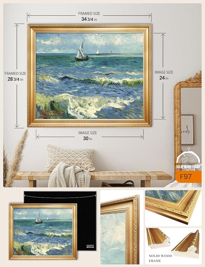DECORARTS - The Sea at Les Saintes-Maries-de-la-Mer, Vincent Van Gogh Art Reproduction. Acid Free Cotton Canvas Giclee Print w/Bronze Frame&Mat for Wall Decor.