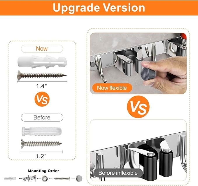 Broom and Mop Organizer Wall Hanging, Upgraded Mop and Broom Holder Wall Mount, Stainless Steel Broom Hanger Wall Mount for Laundry Room Organization and Storage（5 Racks with 4 Hooks）