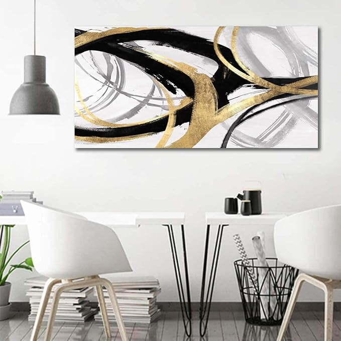 Abstract Canvas Prints Black And White Wall Art Pictures for Wall Decoration Gold Posters Graffiti Artwork Decor for Bedroom Dinning Room Home Office Kitchen 24x48 In