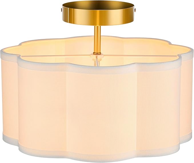 VONLUCE Semi Flush Mount Ceiling Light, 13" Ceiling Light Fixture with Flower-Shaped Fabric Shade, 3-Light Modern Light Fixture for Bedroom Living Room Nursery Hallway, White Shade & Gold Finish