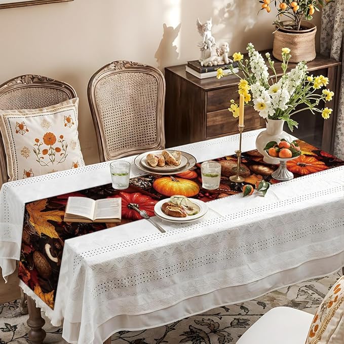 ANNA QUEEN Pumpkin Maple Leaf Fall Table Runner 13 x 72 Inch for Dining Table, Table Runner for Seasonal Autumn Kitchen Dining Table Decoration for Home Party Decor