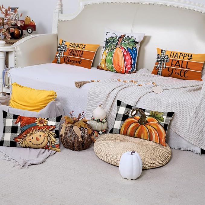 GEEORY Fall Throw Pillow Covers 12x20 Inch Set of 4, Pumpkin Scarecrow Buffalo Plaid Orange Autumn Seasonal Decorative Farmhouse Decoration for Home G563-12