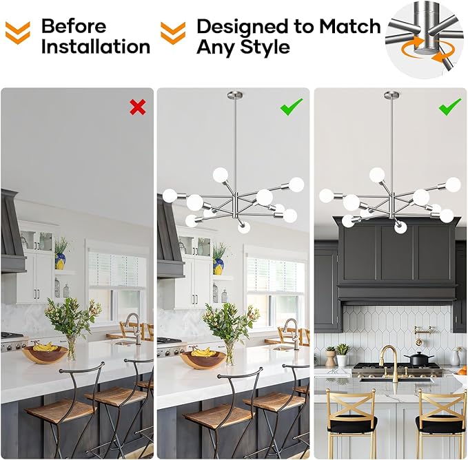 Sputnik Chandeliers Dining Room Light Fixture (10-Light, 33-Inch), Modern Nickel Chandelier, Height Adjustable Mid Century Modern Chandeliers for Living Room Entryway Hallway