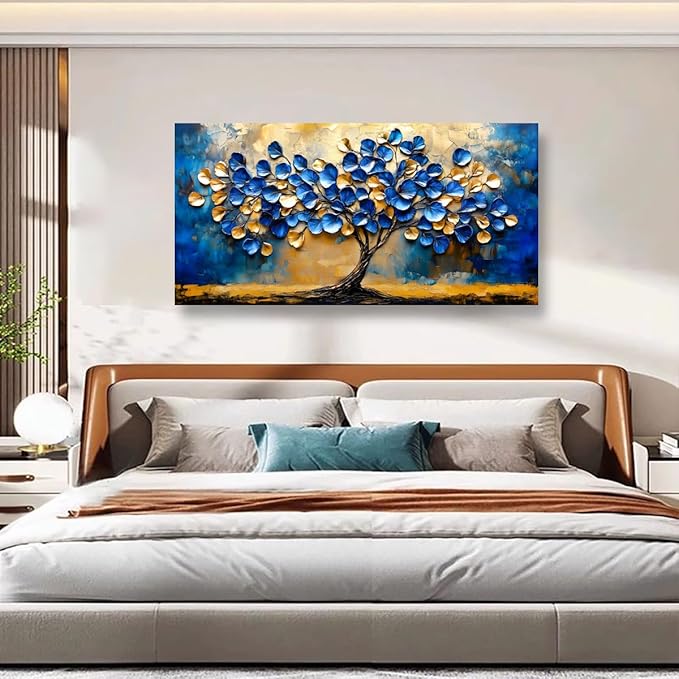 Abstract Tree Canvas Wall Art Bedroom Wall Decor Living Room,Blue and Gold Leaf Wall Art Office Paintings Artwork Modern Ginkgo Tree Leaves Pictures Art Prints Waterproof Ready to Hang-20x40inch