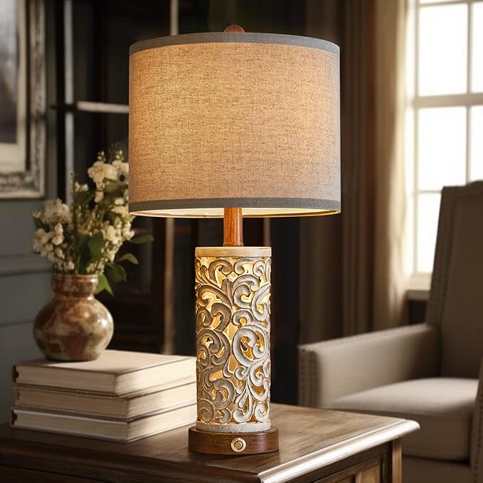 OYEARS 3-Way Dimmable 22'' USB A+C Touch Control Table Lamp Set of 2 with Nightlight for Living Room Bedroom Farmhouse Bedside Nightstand Lamps (Brown, Bulb Included)