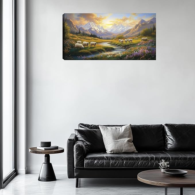 Kuiluuye Large Mountains Rivers Wall Art Wildflowers Rural Landscape Wall Art Painting Pictures Canvas Art Prints Countryside Wall Decor for Bedroom Farmhouse Living Room 48L x 24W