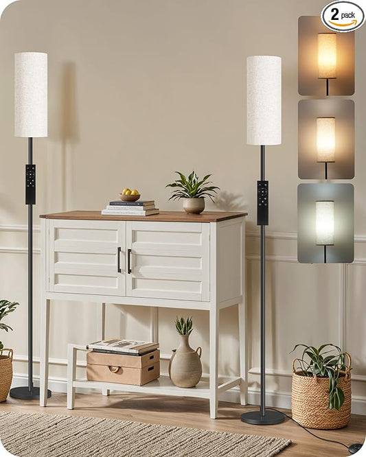 2 Pack Dimmable Floor Lamps for Living Room with 2 Remotes and Foot Switch, Corner Floor Lamp, Standing Tall Lamp, 10W 900LM LED Bulb Included, 3000K-6500K, Linen Shade, FCC Listed E06LDP205W1