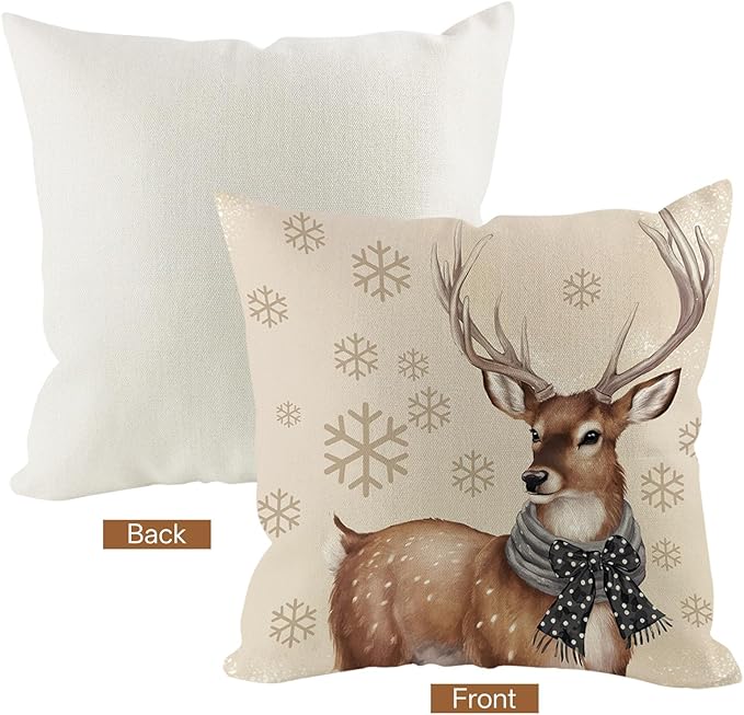 Christmas Pillow Covers 16x16 inch Set of 4, Holiday Winter Outdoor Vintage Snowflake Xmas Snowman Neutral Farmhouse Seasonal Burlap Reindeer Decorations for Sofa Couch