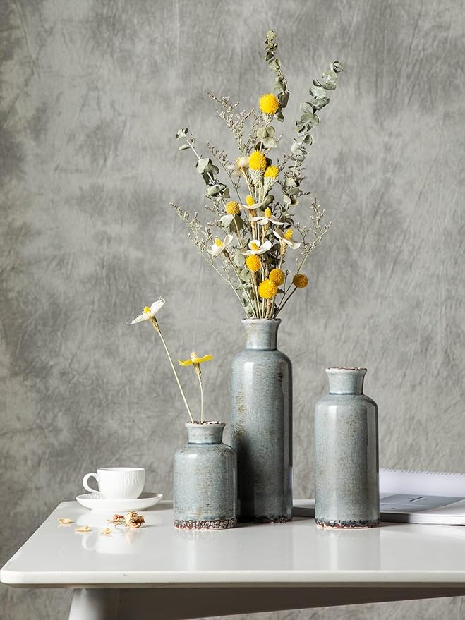 CwlwGO- Ceramic Rustic Vintage Blue Vase, Suitable for Home Decoration, 3 Piece Set of Glazed Decorative Vases, Kitchen, Bedroom.Living Room Table,Shelf Decorations.