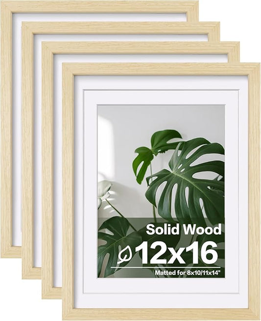 Egofine 12x16 Picture Frames Set of 4, Made of Solid Wood Covered by Plexiglass 9x12 and 11x14 with Mat or 12x16 without Mat, for Wall Mounting Photo Frame Oak Wood