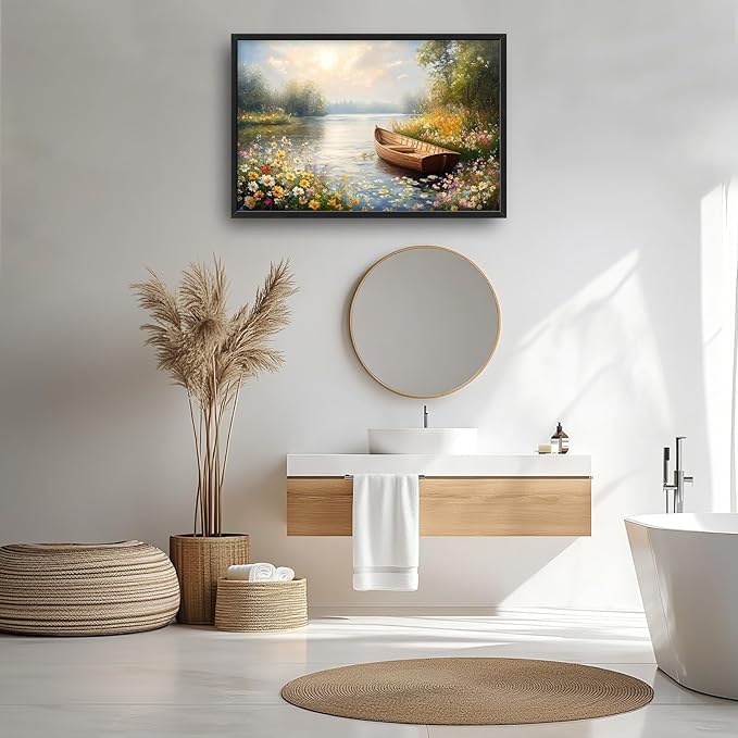 Framed Large Wall Art for Living Room, Lake Boat Canvas Wall Decor, Flower Pictures Painting, Natural Landscape Artwork for Living Room Bedroom Office 36L'' × 24W''