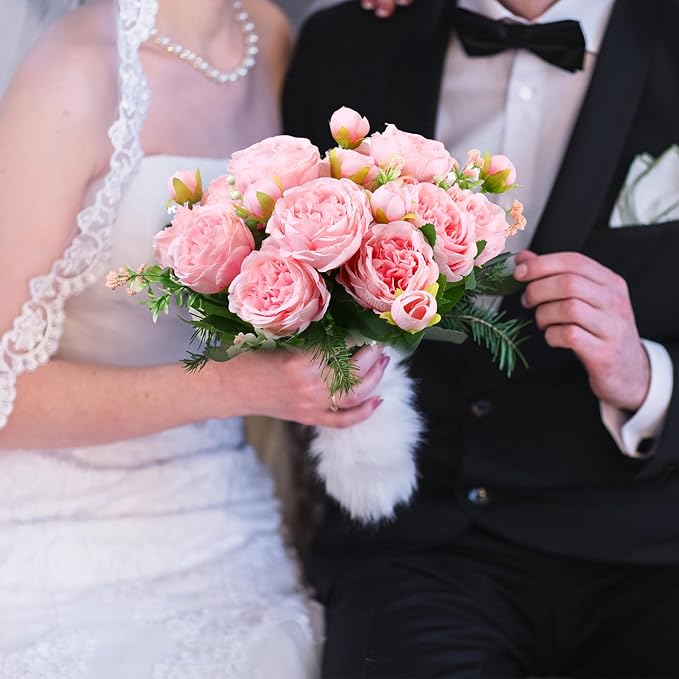 Geosar 8 Bundles Artificial Peonies Flowers Fake Silk Peony Bouquet Faux Peonies Flowers Bulk for Decoration Vase Florals Arrangements Wedding Party Table (Pink)