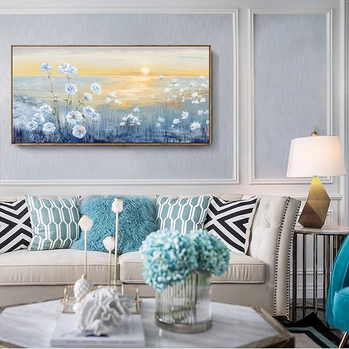 Framed Wall Art for Living Room Blue Ocean Beach Sunset Seascape Painting Abstract Coastal Flowers Canvas Print Seaside White Wildflowers Picture Sunrise Yellow Orange Sky Nature Landscape 24x48inch