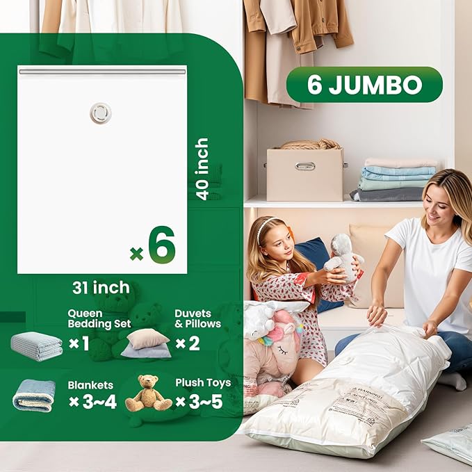 TAILI 6 Pack Vacuum Storage Bags, Jumbo Vacuum Seal Bags for Clothing (40x31 Inch), Space Saving for Bulky Bedding, Comforters and Blankets, Extra Large Closet Storage and Organization