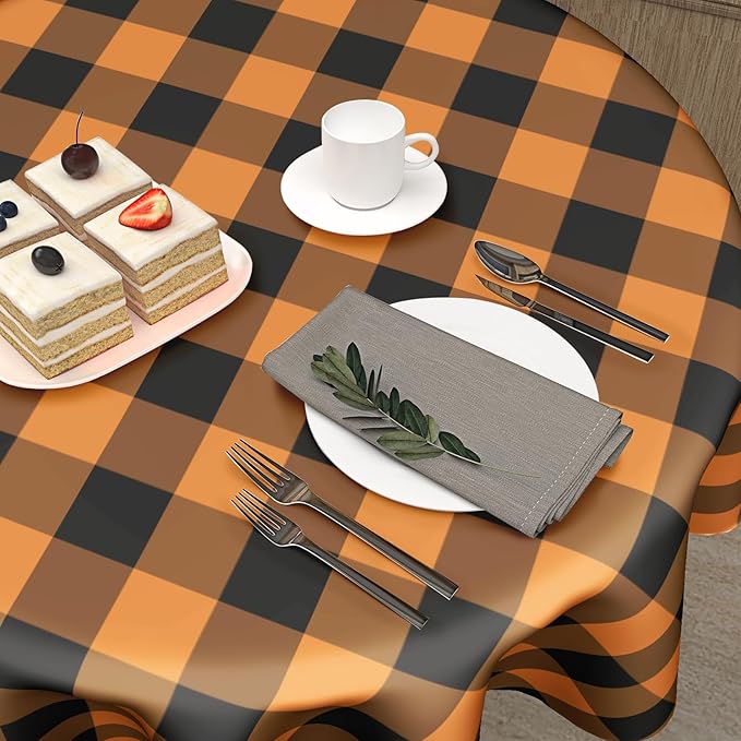 Halloween Tablecloth Round 60 Inch Black Orange Buffalo Plaid Round Table Cloth Autumn Thanksgiving Plaid Table Cloth Fall Autumn Table Covers for Kitchen Dining Room Holiday Party Picnic Decorations