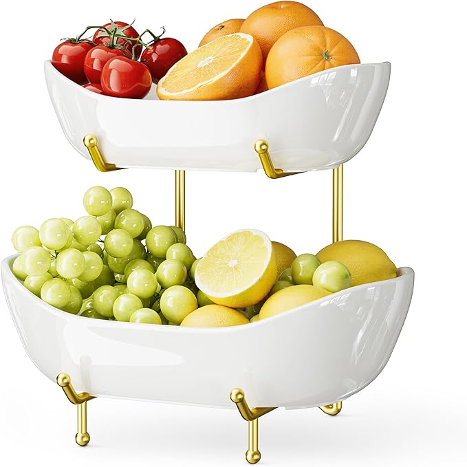 2 Tier Ceramic Fruit Bowl with Metal Stand – Tiered Fruit Stand for Kitchen Countertop, Serving Tray for Snacks, Nuts, Cakes, Desserts, Bread, Candy Storage, Gold