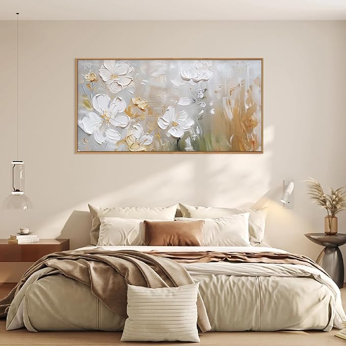 HPNIUB Large Hand-Painted White Flower Framed Wall Art Modern White and Gold Floral Canvas Oil Painting Nature Botanical Wall Decor Abstract Aesthetic Artwork for Living Room Bedroom Decor -20"x40"