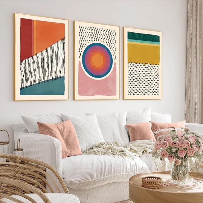 HPINUB Boho Framed Canvas Prints Wall Art Set, Mid-Century Abstract Color Block Shape Wall Decor, Geometric Illustrations Art Photos for Living Room, Bedroom, Dining Room, Office, Bathroom - 16"x24"x3
