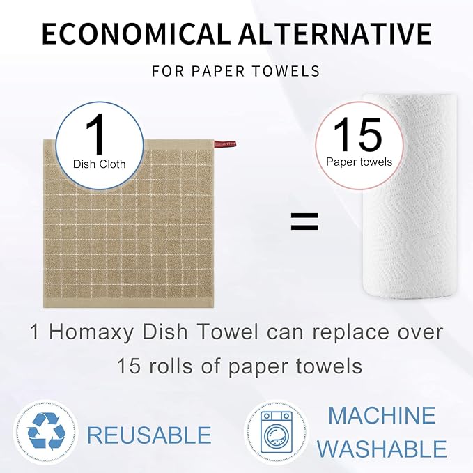 Homaxy 100% Cotton Terry Kitchen Dish Cloths, Ultra Soft and Absorbent Dish Towels for Kitchen, Perfect for Drying and Washing Dishes, 8 Pack, 12 x 12 Inches, Tan
