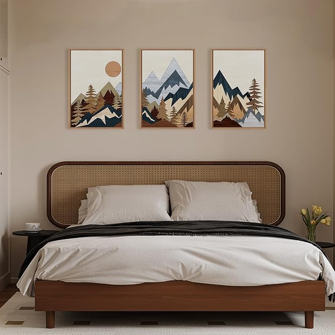 HOURIA Mid Century Mountain Woodland Framed Wall Art Set,Boho Sunrise Pine Tree Wall Decor,Wilderness Nature Forest Artwork,Modern Woodcut Field Art Print for Living Room,Bedroom,Office- 16"x24"x3
