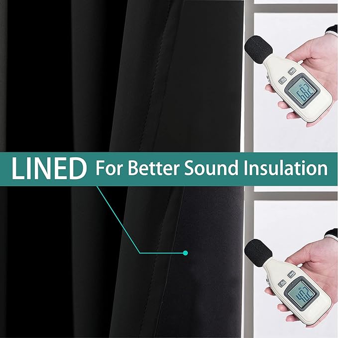 Yakamok 100% Blackout Lined Panels, Thermal Insulated Blackout Curtains for Bedroom, Heat Blocking Drapes for Living Room(62Wx84L, Black, 2 Panels)