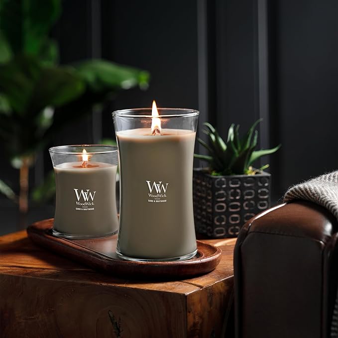 WoodWick Large Hourglass Candle Sand/Driftwood - Premium Soy Blend Wax Pluswick Innovation Wood Wick Made in USA
