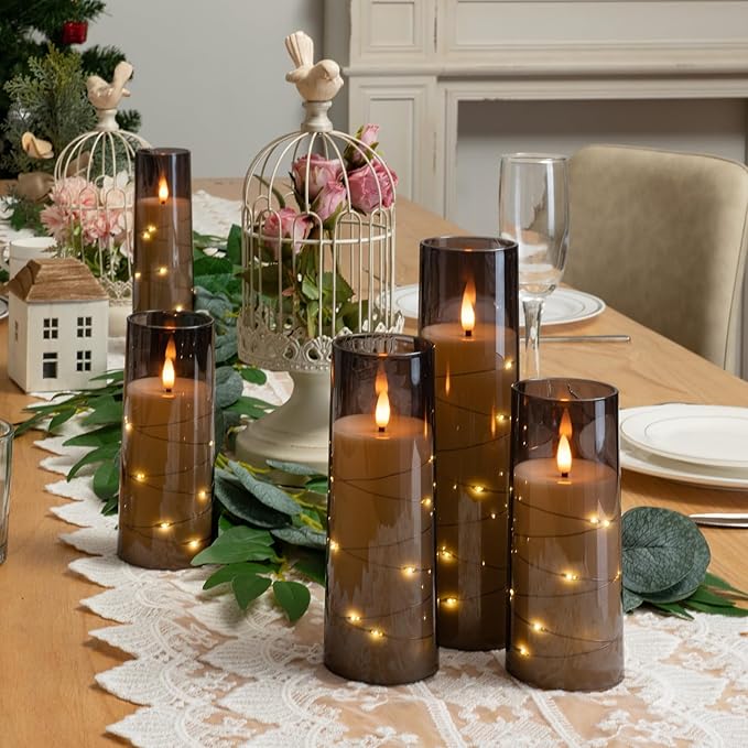 Raycare Flameless LED Candles with Embedded Star String, 5 Pcs Battery Operated Acrylic Pillar Candles with Timer and Remote, Flickering for Romantic Ambiance and Home Decoration(Grey)