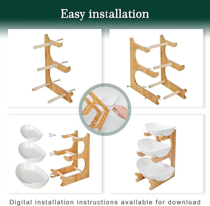 SEVEN SPARTA Fruit Bowl for Kitchen Counter - 3 Tier Ceramic Serving Bowls with Bamboo Stand, Tiered Fruit Basket for Fruit Vegetable Storage, Cake, Dessert, Nuts, Snack, Salad (Dishwasher safe)
