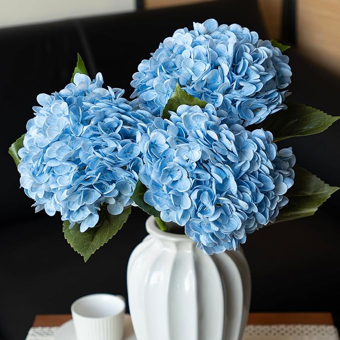 3PCS 22 inch Realistic Artificial Hydrangea Large Real Touch Flowers Artificial Flowers Dry Flowers Outdoor Wedding Christmas Office Family Party Living Room Table Decoration (Blue)