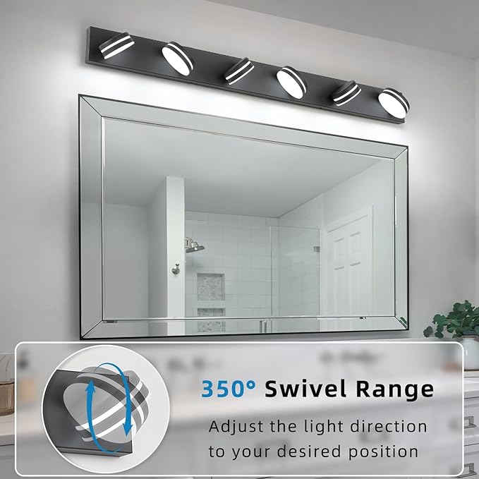 6-Light Bathroom Vanity Light Over Mirror, Matte Black LED Vanity Lighting Fixtures, Modern Bathroom Wall Light Fixtures with 360°Rotating Lamp Head (Cool White 5500K) (Black, 47Inch)