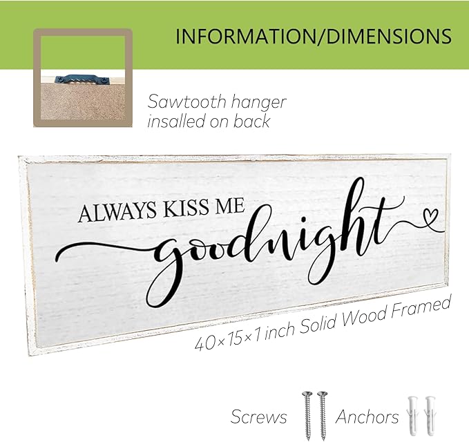 Always Kiss Me Goodnight Wall Sign 40''×15'' Vintage Master Bedroom Above Bed Farmhouse Wooden Framed Family Wall Decor for Larg Couples Over Bed Wall Art Decoration (White)