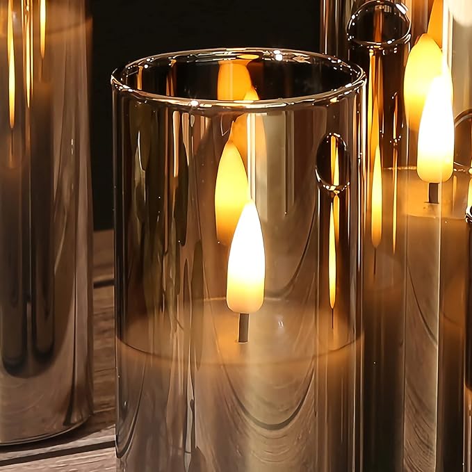 Eywamage 5 Pack Grey Glass Flameless Candles with Remote, Flickering Slim Tall LED Pillar Votive Candles Battery Included