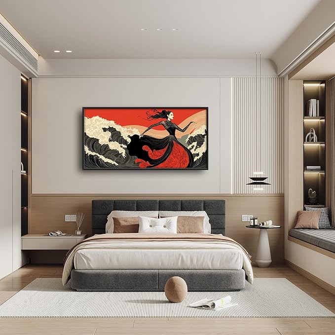 Flintis Large Black White and Red Dancer Framed Wall Art Woman Dancing Waves Pictures Wall Decor Abstract Canvas Painting Print Artworks Framed for Living Room Bathroom Master Bedroom 60L X 30W