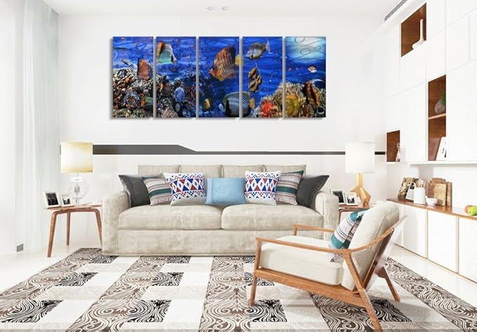 Yihui Arts Cosatal Metal Wall Art, Large Nautical Metal Wall Art in Modern Ocean Design, 3D Outdoor Pictures Wall Decor, 5 Panels, Metal School of Fish Art