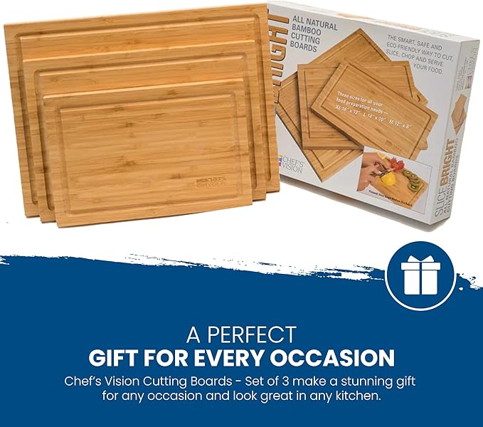 Chef's Vision Bamboo Cutting Board Set - 3-Piece Organic Wooden Cutting Boards for Kitchen - Durable, Non-Toxic, and Eco-Friendly Bamboo Chopping Board - Extra Large, Large, and Medium Sizes