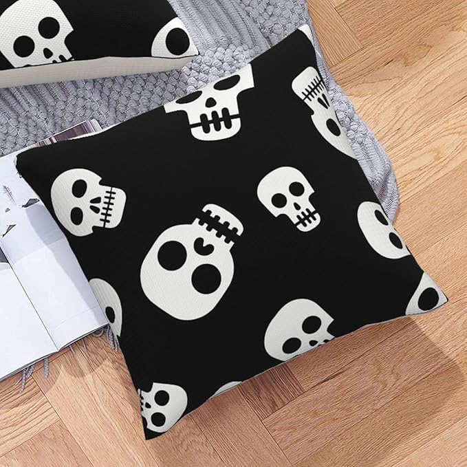 Halloween Pillow Covers 20x20 inch Set of 4, Linen Outdoor Farmhouse Cute Ghost Vintage Skull Spooky Party Supplies Black and White Decorations for Sofa Couch