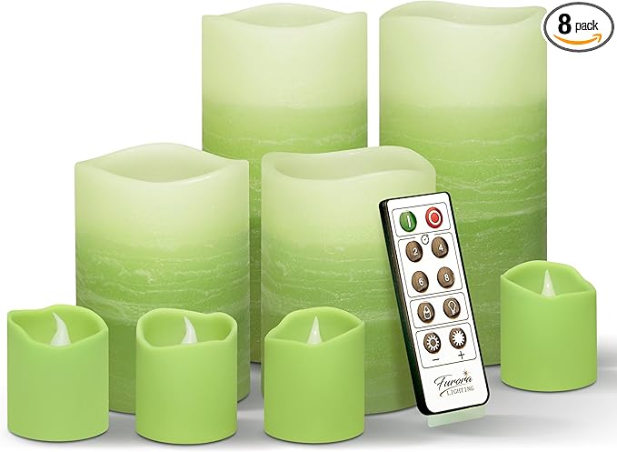 FURORA LIGHTING Green Ombre LED Candles with Remote, 4 Pillar and 4 Votives Pack of 8, Real Wax Flameless Flickering Candles for Home Décor, Battery Operated