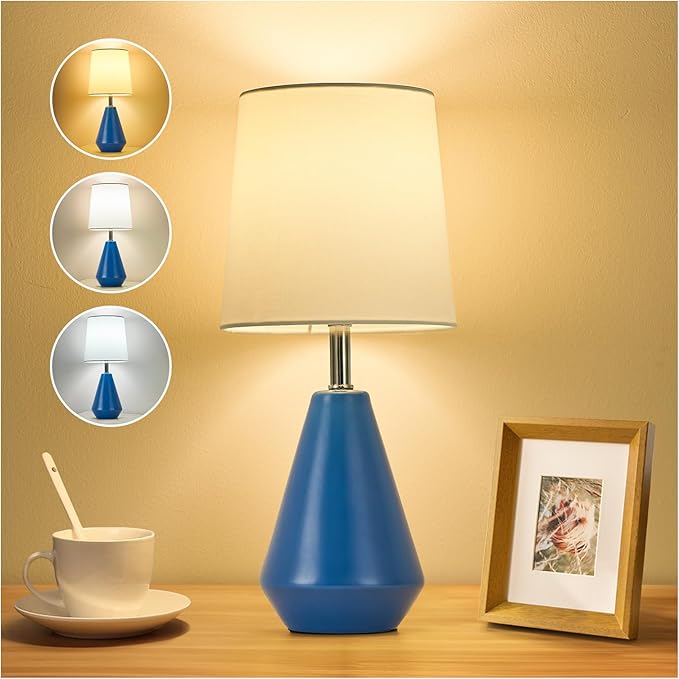 Small Bedside Table Lamp for Bedroom - Reading Desk Lamp with 3 Color Temperatures，15.5" Nightstand Ceramic Lamp with Fabric Shade for Kids Room,Living Room,Dorm,Home Office (Blue+White)
